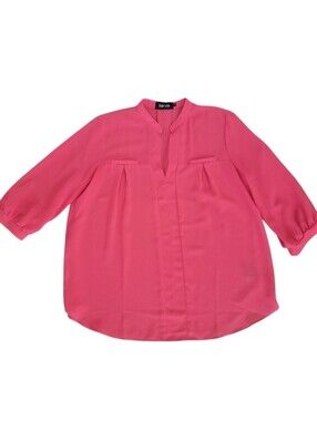 Fab'rik Womens Hot Pink Pleated V-Neck Blouse Small 3/4 Sleeve Tunic Chiffon Top
